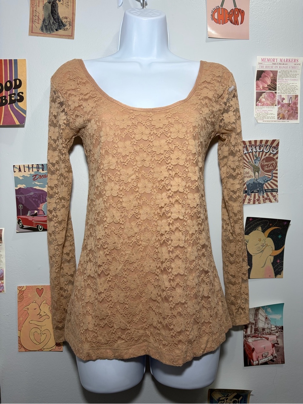 Kardashian Kollection Tan Lace Long-Sleeve Scoop Neck Top